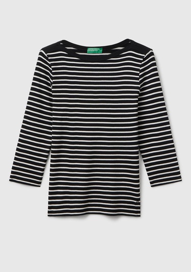  Kadın Sİyah %100 Pamuk Çizgili Logolu Kayık Yaka Truvakar Kol T-Shirt