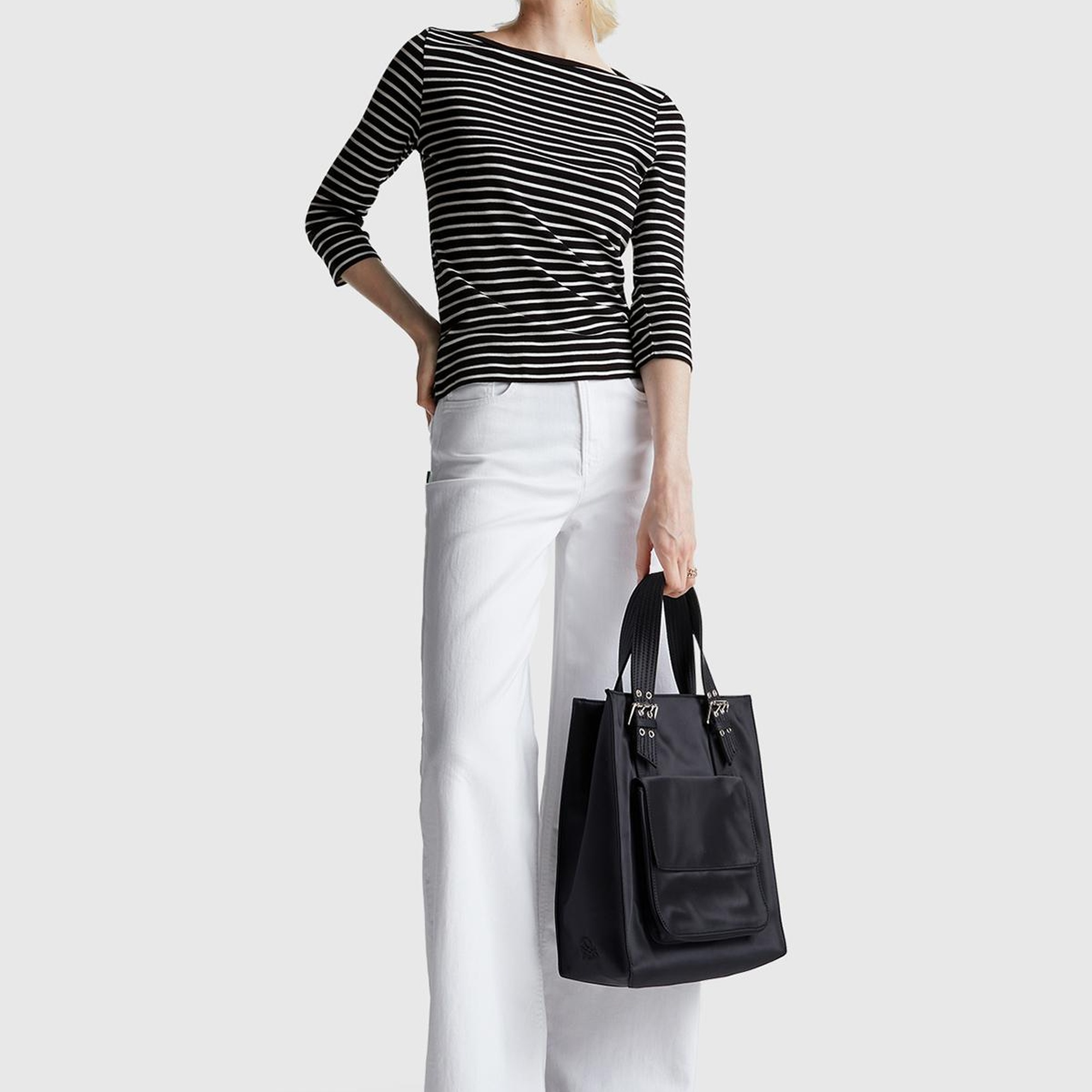 Kadın Sİyah %100 Pamuk Çizgili Logolu Kayık Yaka Truvakar Kol T-Shirt