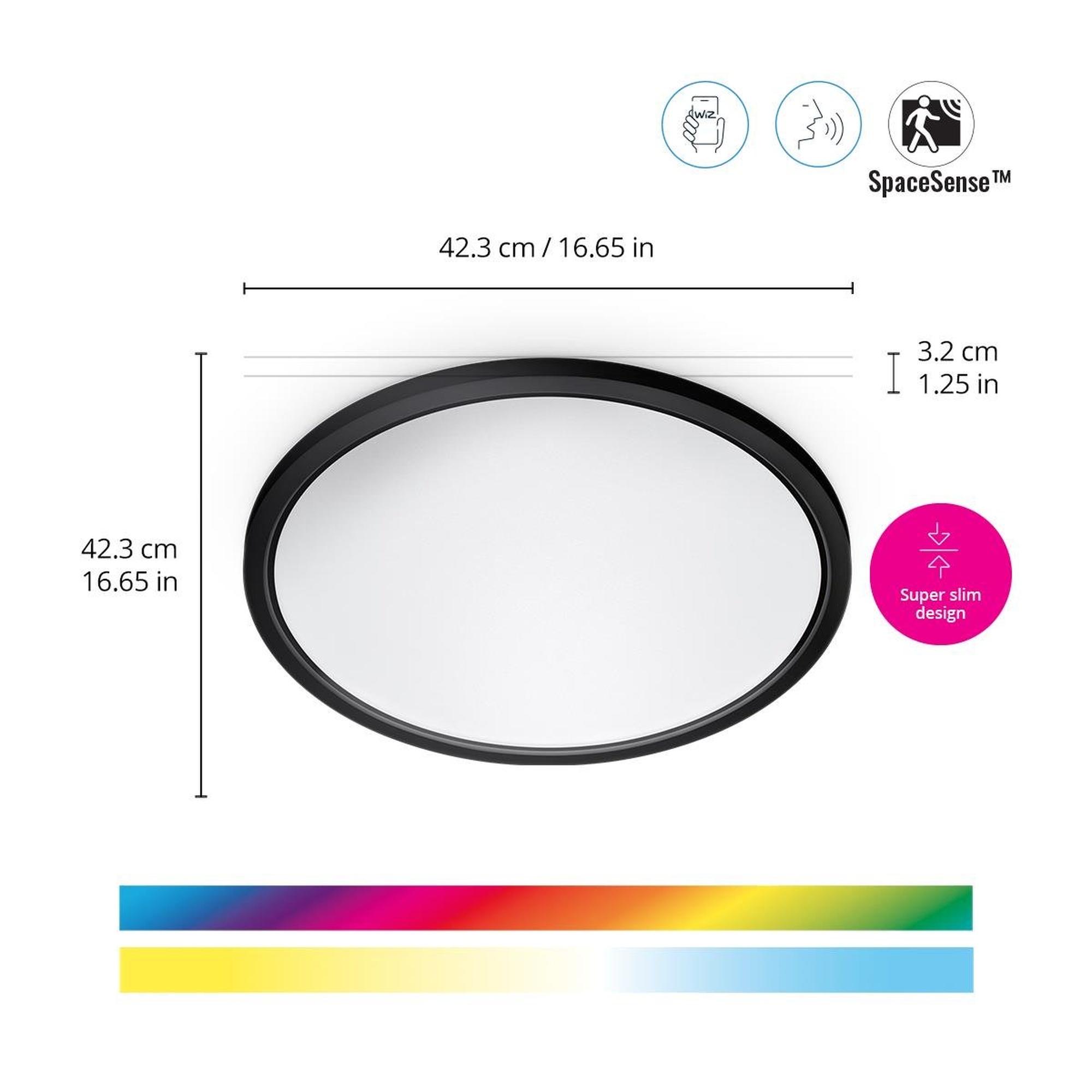 Wiz SuperSlim 22W Siyah Sıva Üstü RGB Akıllı LED Yuvarlak Panel Tavan Armatürü 42 cm çapında 2600 Lumen