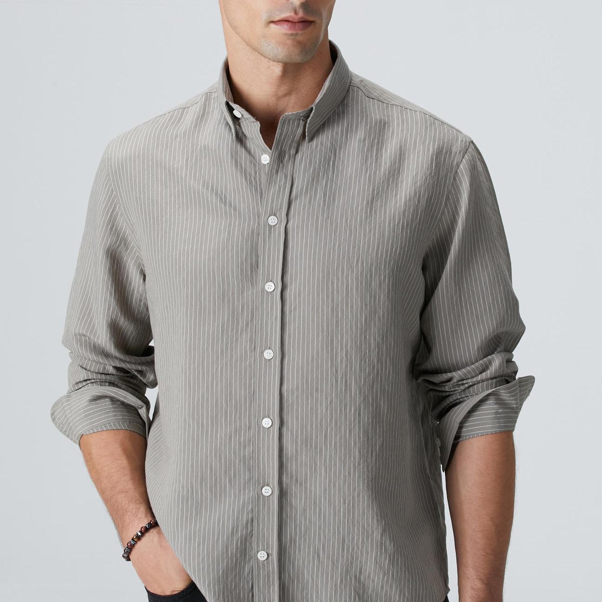 Network Erkek Haki Çizgili Gömlek