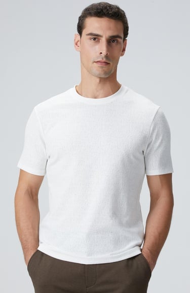  Network Erkek Kırık Beyaz Bisiklet Yaka Jakarlı T-shirt