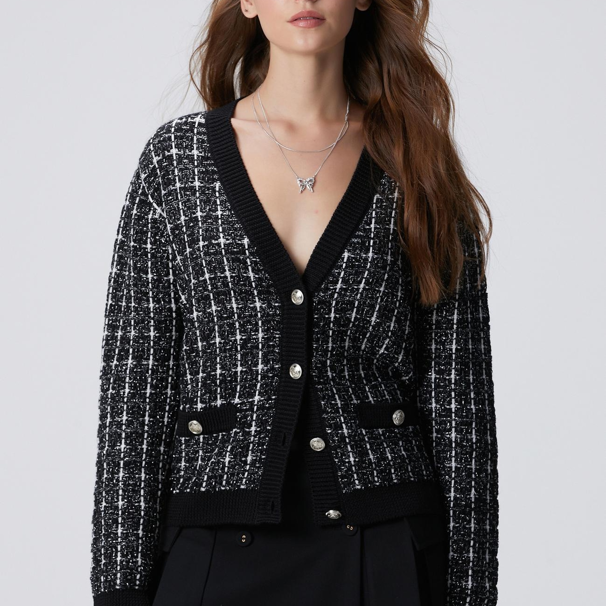 Network Kadın Siyah Beyaz Yün Karışımlı Hırka