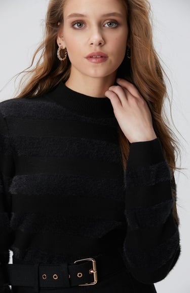  Network Kadın Siyah Çizgili Triko Kazak