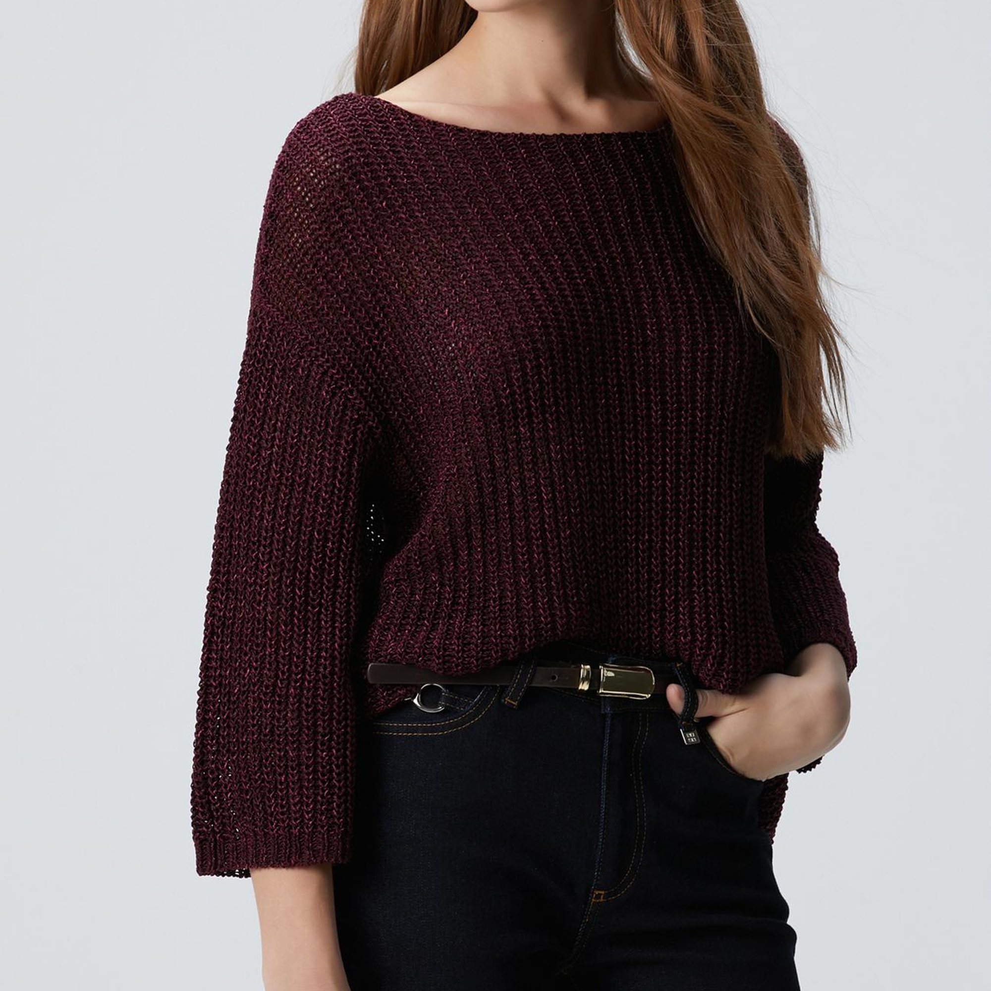 Network Kadın Bordo Truvakar Kol Triko Kazak