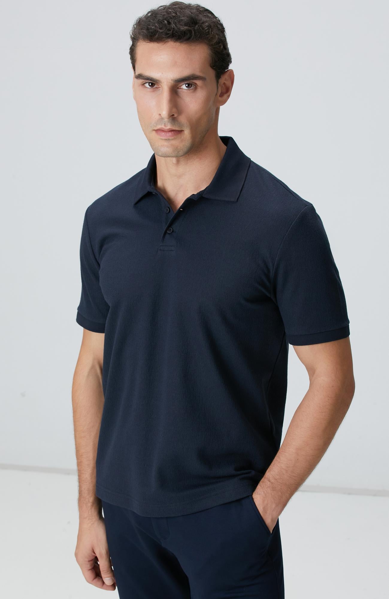  Network Erkek Lacivert Polo Yaka Düğmeli Jakarlı T-shirt