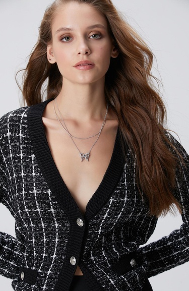  Network Kadın Siyah Beyaz Yün Karışımlı Hırka