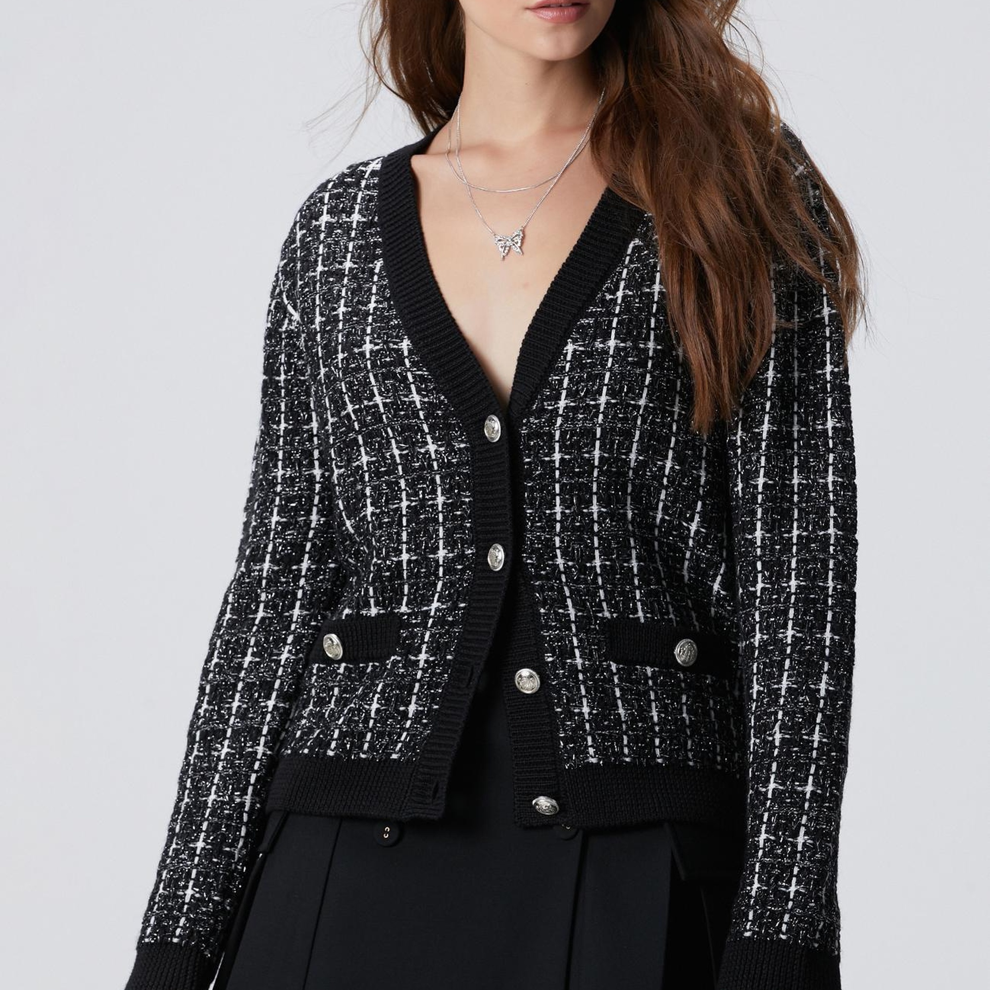 Network Kadın Siyah Beyaz Yün Karışımlı Hırka