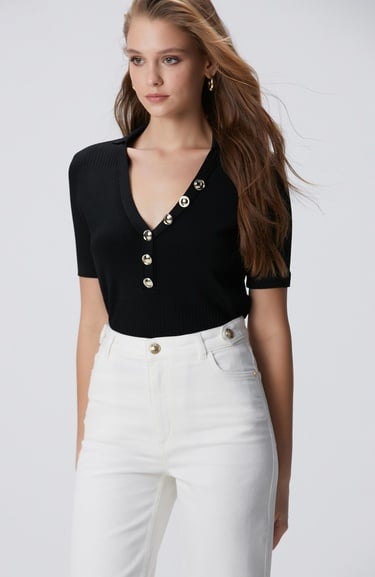  Network Kadın Siyah Düğme Detaylı Kazak