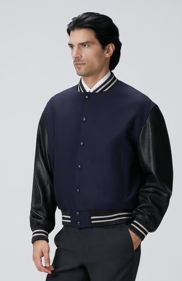  Network Erkek Lacivert Bomber Deri Ceket
