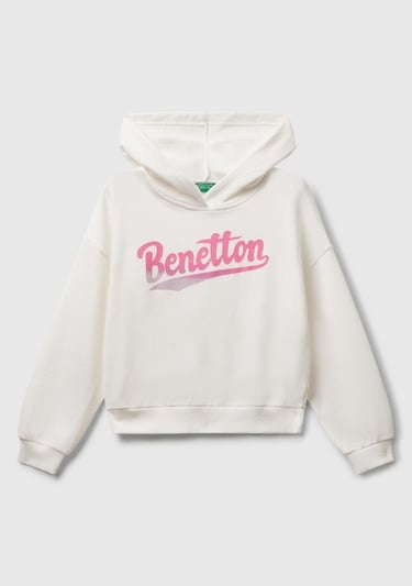  Kız Çocuk Ekru Önü Logo Baskılı Ribanalı Kapüşonlu Sweatshirt