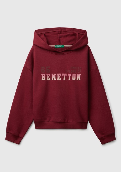  Kız Çocuk Bordo Önü Logo Baskılı Ribanalı Kapüşonlu Sweatshirt