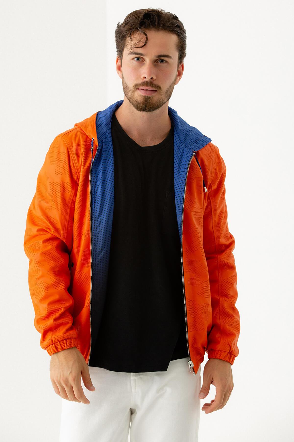  Tamer Tanca Erkek Hakiki Deri Turuncu/Mavi Deri Mont