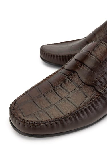  Tamer Tanca Erkek Hakiki Deri Kahverengi Kroko Loafer Ayakkabı