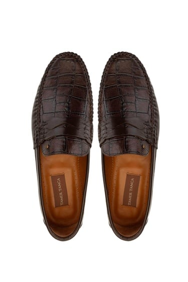  Tamer Tanca Erkek Hakiki Deri Kahverengi Kroko Loafer Ayakkabı