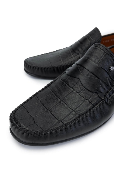  Tamer Tanca Erkek Hakiki Deri Siyah Kroko Loafer Ayakkabı