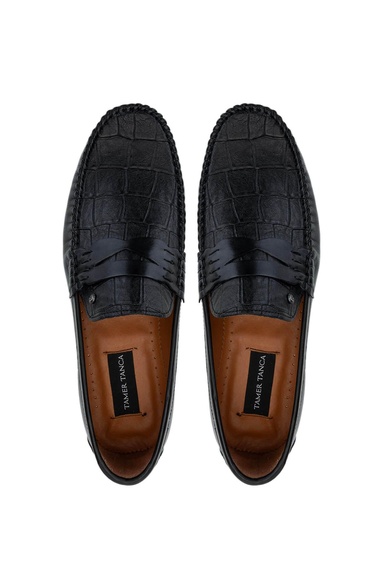  Tamer Tanca Erkek Hakiki Deri Siyah Kroko Loafer Ayakkabı