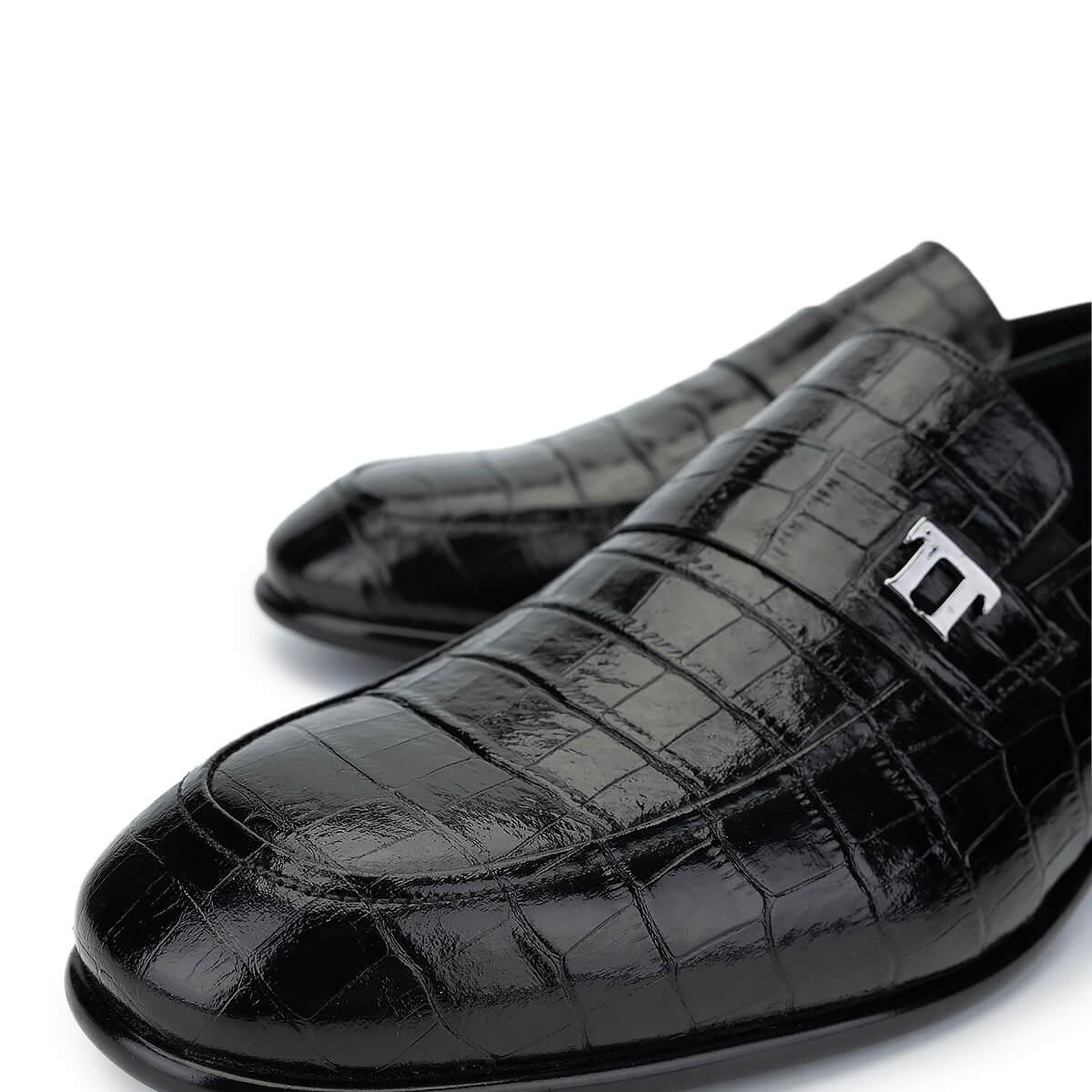 Tamer Tanca Erkek Hakiki Deri Siyah Kroko Loafer Ayakkabı