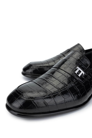  Tamer Tanca Erkek Hakiki Deri Siyah Kroko Loafer Ayakkabı