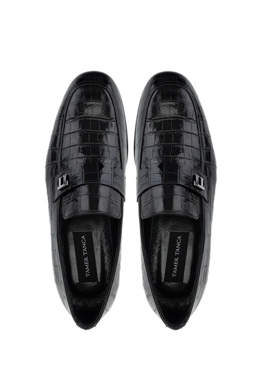  Tamer Tanca Erkek Hakiki Deri Siyah Kroko Loafer Ayakkabı