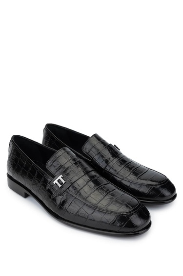  Tamer Tanca Erkek Hakiki Deri Siyah Kroko Loafer Ayakkabı