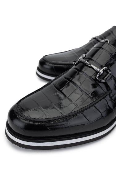  Tamer Tanca Erkek Hakiki Deri Siyah Kroko Loafer Ayakkabı