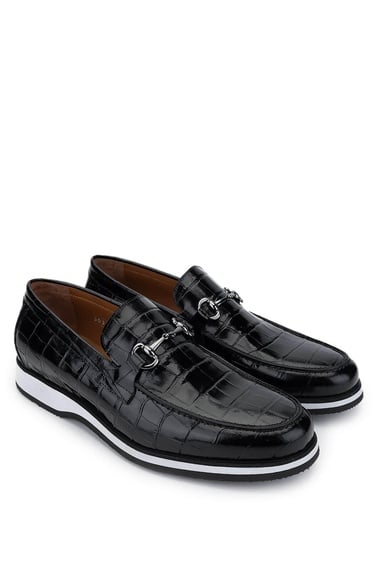  Tamer Tanca Erkek Hakiki Deri Siyah Kroko Loafer Ayakkabı