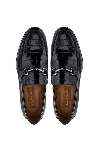  Tamer Tanca Erkek Hakiki Deri Siyah Kroko Loafer Ayakkabı