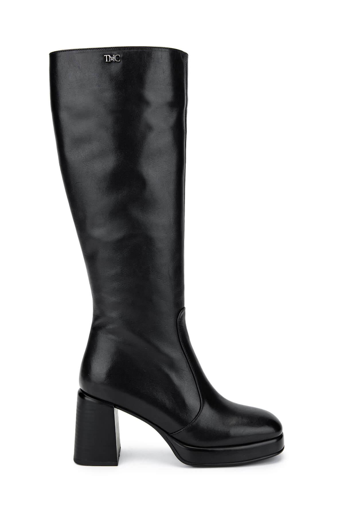  Tamer Tanca Kadın Hakiki Deri Siyah Deri Topuklu Çizme