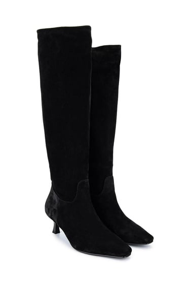  Tamer Tanca Kadın Hakiki Deri Siyah Süet Topuklu Çizme