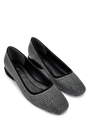  Tamer Tanca Kadın Vegan Siyah/Beyaz Taş Babet Ayakkabı