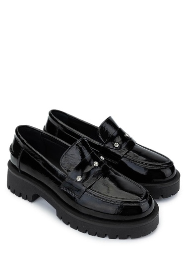  Tamer Tanca Kadın Hakiki Deri Siyah Açma Loafer Ayakkabı