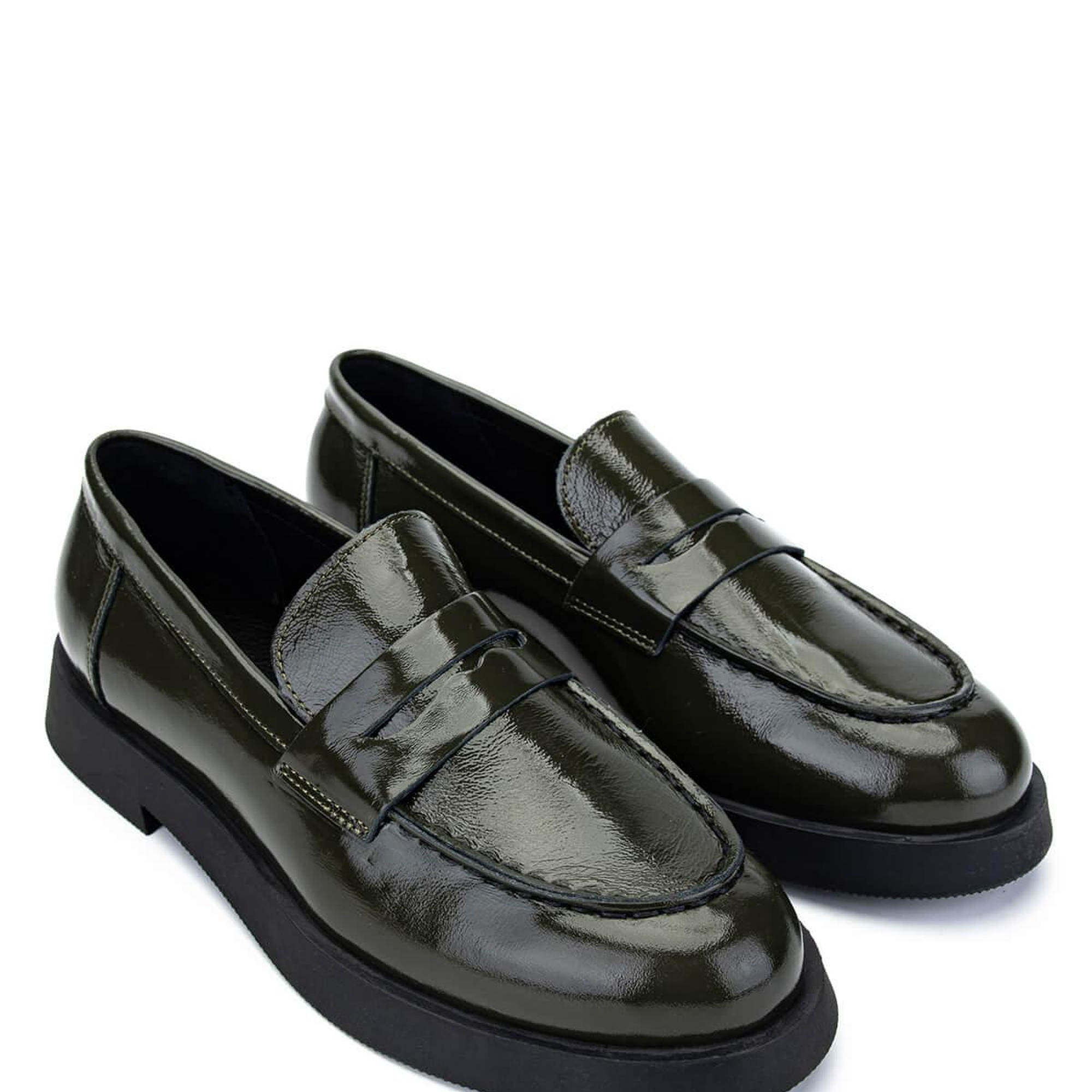 Tamer Tanca Kadın Hakiki Deri Haki Rugan Loafer Ayakkabı