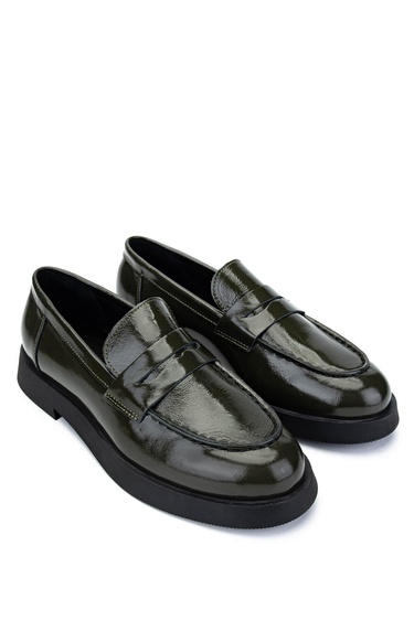  Tamer Tanca Kadın Hakiki Deri Haki Rugan Loafer Ayakkabı