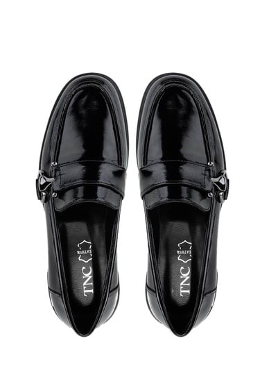  Tamer Tanca Kadın Hakiki Deri Siyah Rugan Loafer Ayakkabı