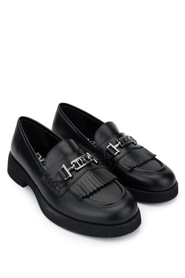  Tamer Tanca Kadın Hakiki Deri Siyah Deri Loafer Ayakkabı