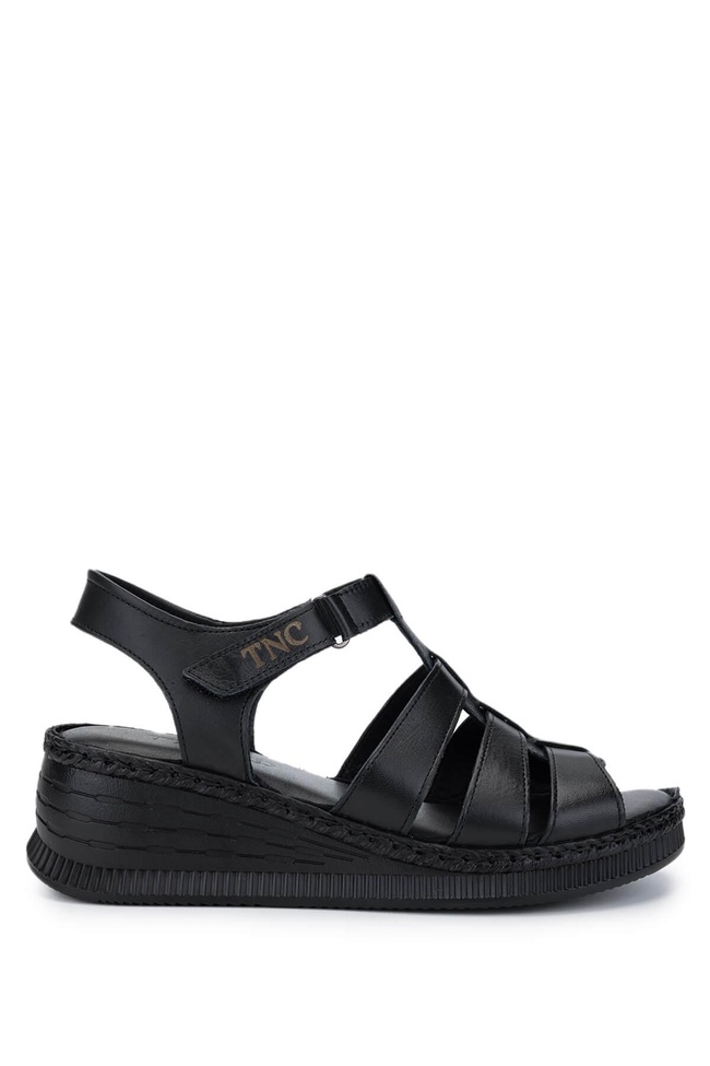  Tamer Tanca Kadın Hakiki Deri Siyah Deri Comfort Sandalet