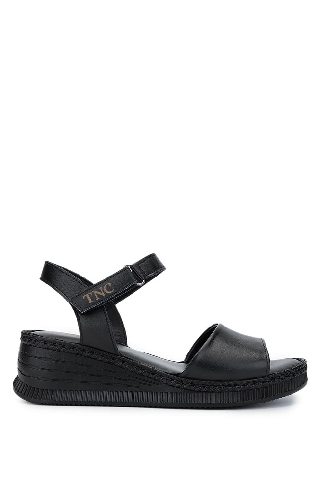  Tamer Tanca Kadın Hakiki Deri Siyah Deri Comfort Sandalet