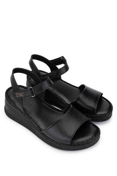  Tamer Tanca Kadın Hakiki Deri Siyah Deri Comfort Sandalet