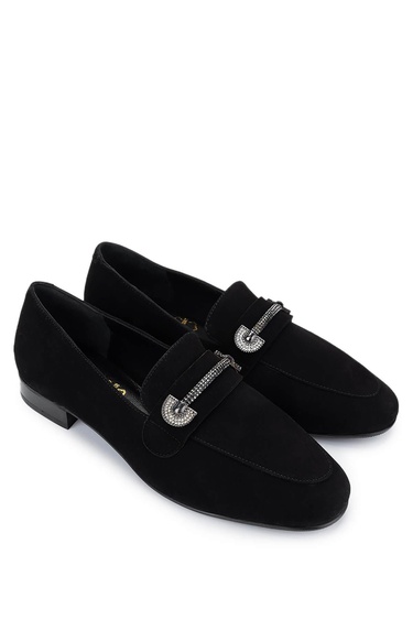  Tamer Tanca Kadın Hakiki Deri Siyah Süet Loafer Ayakkabı