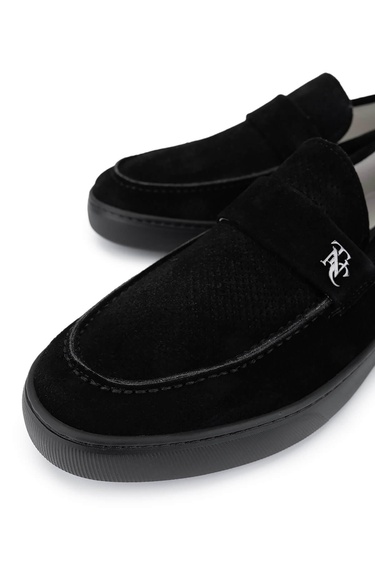  Tamer Tanca Erkek Hakiki Deri Siyah Süet Loafer Ayakkabı