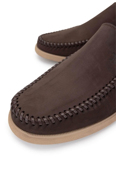  Tamer Tanca Erkek Hakiki Deri Kahverengi Nubuk Loafer Ayakkabı