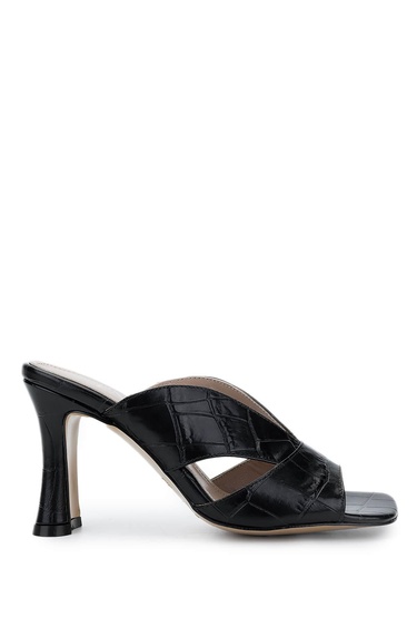  Tamer Tanca Kadın Hakiki Deri Siyah Kroko Topuklu Terlik