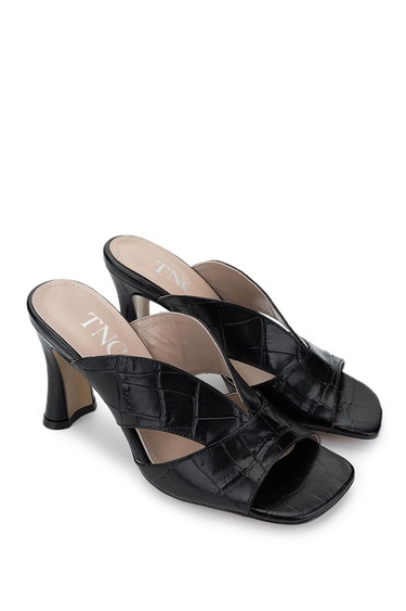  Tamer Tanca Kadın Hakiki Deri Siyah Kroko Topuklu Terlik