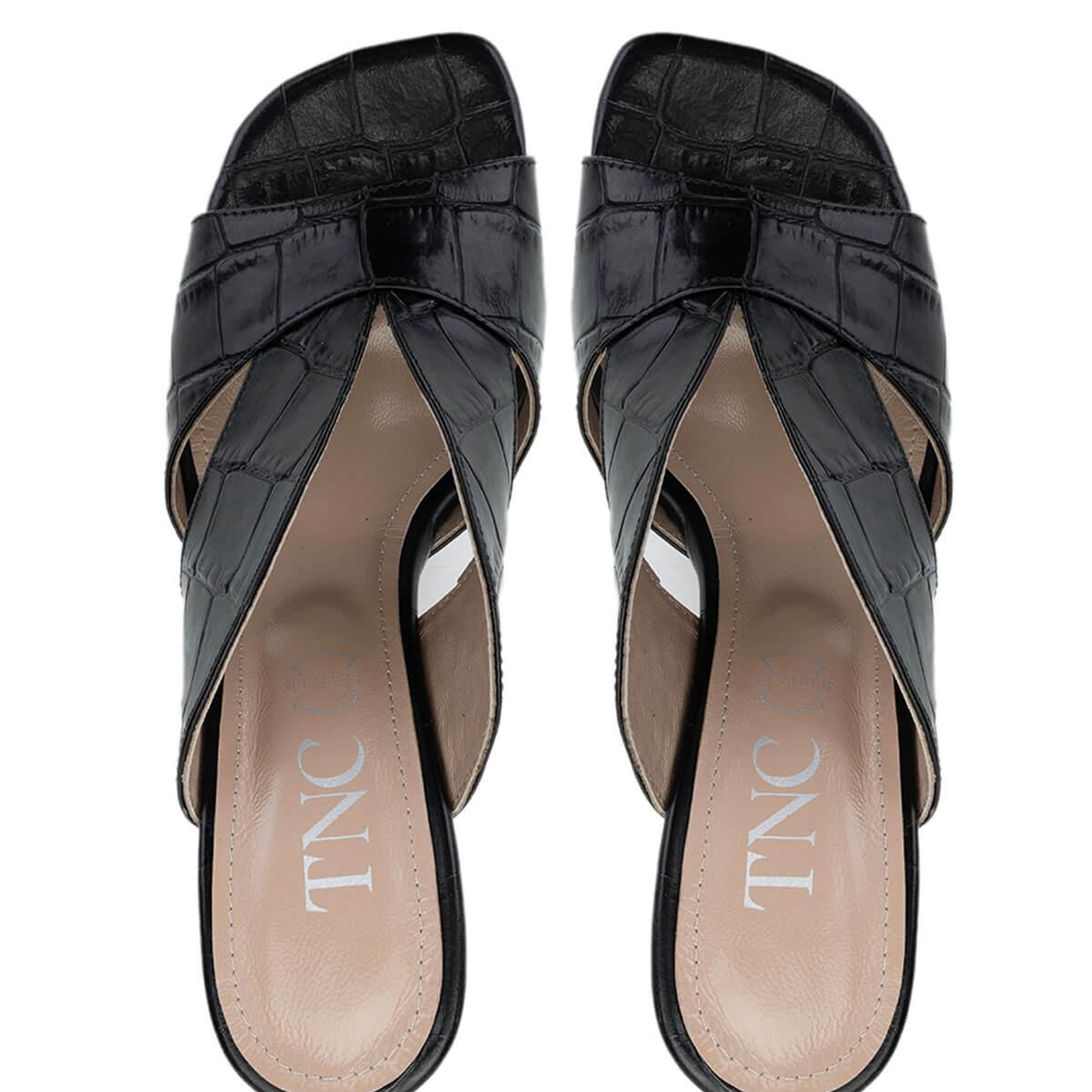 Tamer Tanca Kadın Hakiki Deri Siyah Kroko Topuklu Terlik