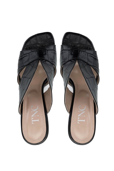  Tamer Tanca Kadın Hakiki Deri Siyah Kroko Topuklu Terlik