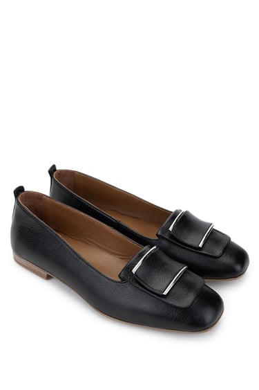  Tamer Tanca Kadın Hakiki Deri Siyah Deri Loafer Ayakkabı