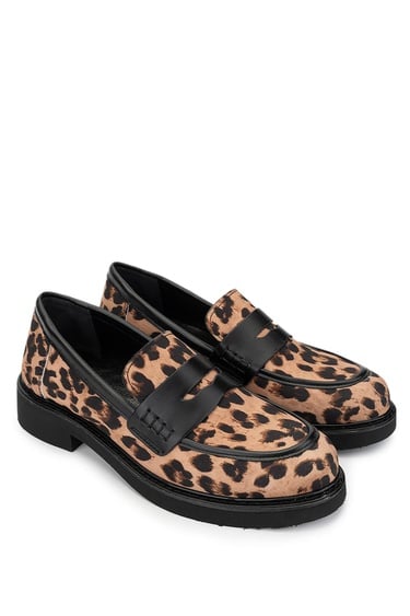 Tamer Tanca Kadın Vegan Leopar/Siyah Loafer Ayakkabı
