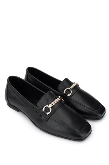  Tamer Tanca Kadın Hakiki Deri Siyah Deri Loafer Ayakkabı