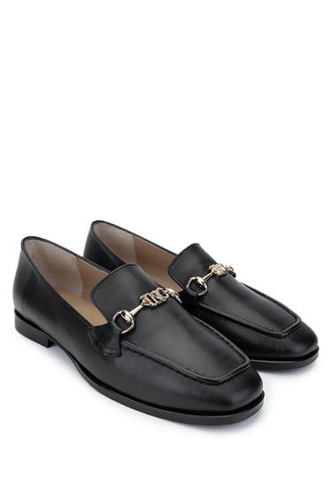  Tamer Tanca Kadın Hakiki Deri Siyah Deri Loafer Ayakkabı