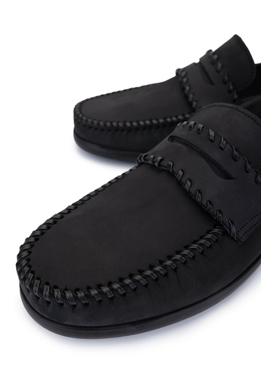  Tamer Tanca Erkek Hakiki Deri Siyah Nubuk Loafer Ayakkabı